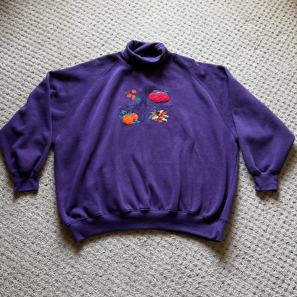 Vintage Fall Sports Accent II Purple Turtleneck Sweatshirt Embroidered Detail 2X